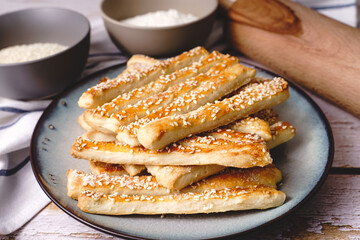salty sesame bread sticks traditional homemade baked snacks on the table - close up healthy vegan or vegetarian food concept