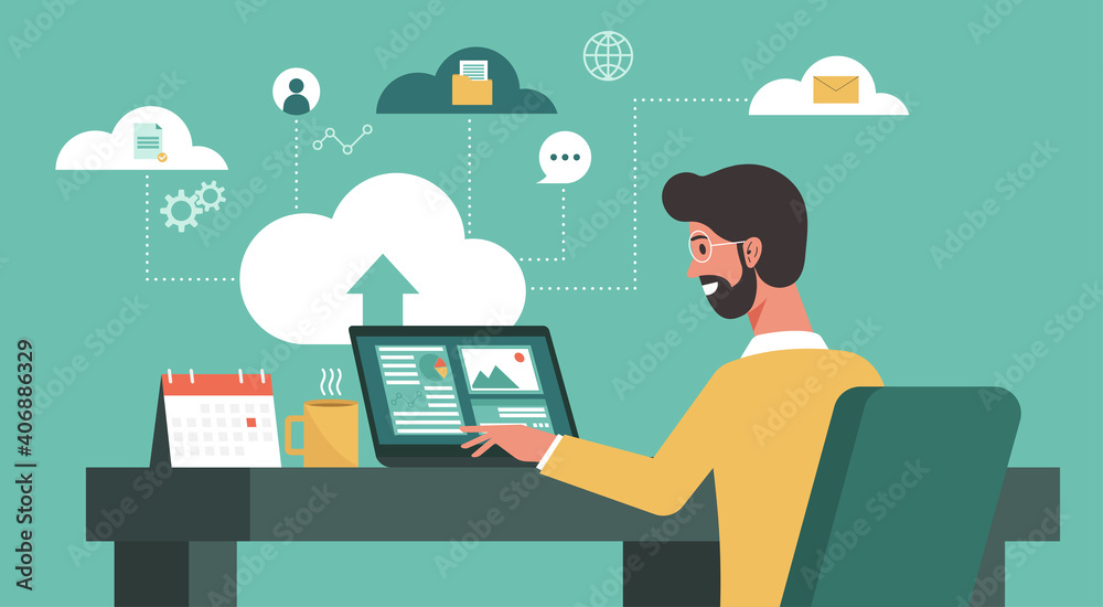 Poster businessman using laptop computer upload and download information and data on cloud computing techno