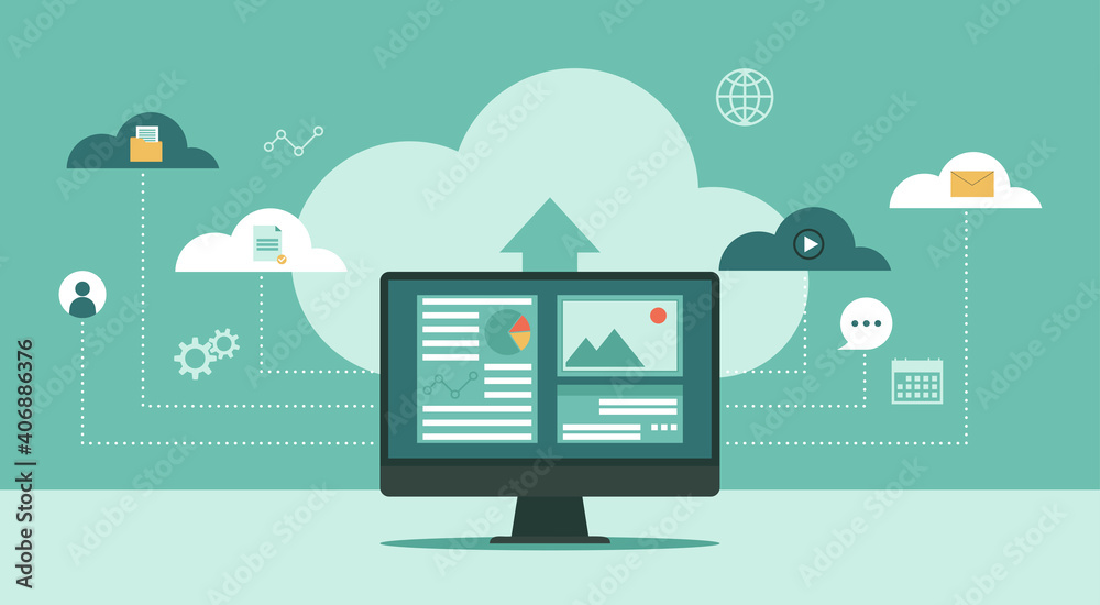 Poster Cloud computing technology network with computer monitor, Online devices upload information and data in database with business icon, vector flat illustration
