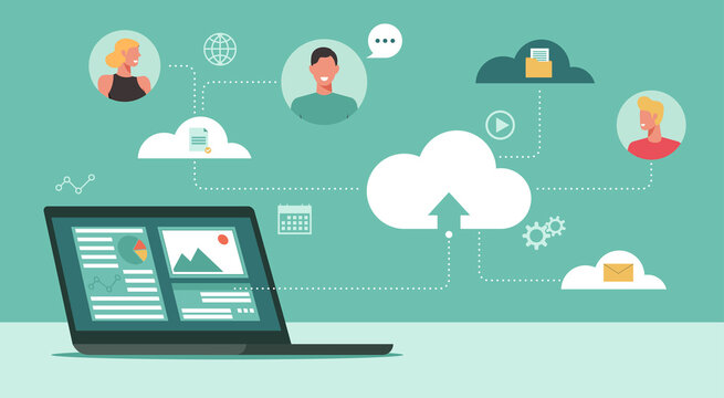people connecting together, learning or meeting online with teleconference, remote working, work from anywhere and sharing data and information on cloud computing technology, vector flat illustration