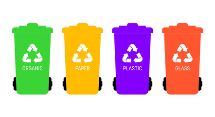 Separate garbage collection. Multicolored trash cans with corresponding labels. Vector illustration.