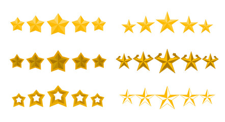 Five stars collection, vector illustration. 5 Gold stars rating set isolated on white background.