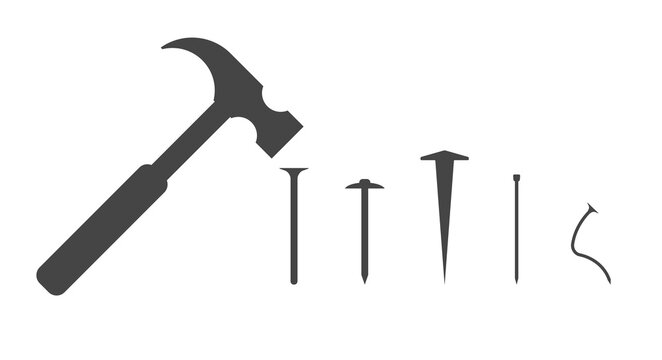 Vektorová grafika „Carpenter hammer and several different types of nails.  Bent nail. Vector silhouette illustration.“ ze služby Stock | Adobe Stock
