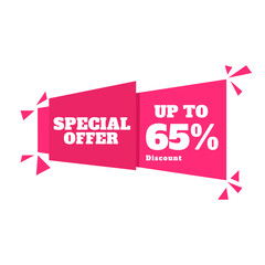 Sale discount tag. Special offer price sign, Discount 65% OFF