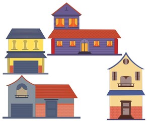 Set of different style house residential. House front Vector illustration in flat cartoon style. Building architecture, house traditional exterior illustration