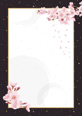 桜の花 和風背景素材 祝賀イメージ（黒色、和紙 縦長 A3・A4比率）