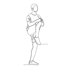 Continuous drawing line of a man lifting right knee and using 2 hands pull back close the chest. full length stretching body