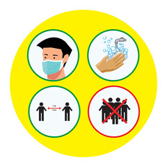 Warning symbols covering the face spacing hand disinfection
