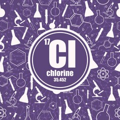 Chlorine chemical element. Sign with atomic number and atomic weight. Chemical element of periodic table. Connected lines with dots. Circle frame with icons.