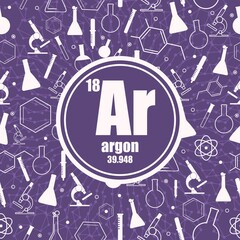 Argon chemical element. Sign with atomic number and atomic weight. Chemical element of periodic table. Connected lines with dots. Circle frame with icons.