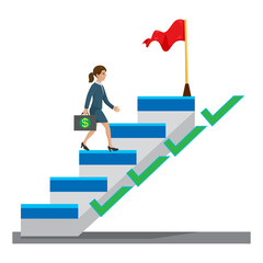 Businesswoman in suit holding briefcase stairs steps goal, illustration vector cartoon