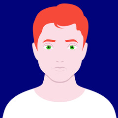 Young short hair man standing alone in front of dark blue background.