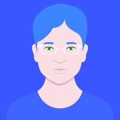 Short hair man wearing eyeglasses standing alone in front of blue background.