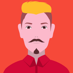 Man with beard and mustache with undercut hairstyle standing alone in front of orange background.