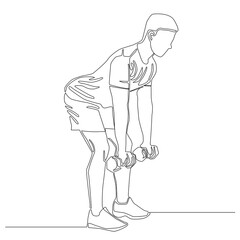 Continuous drawing line of man holding dumbbells with 2 hand , bend over body to the front and lift up hip. Deadlift concept