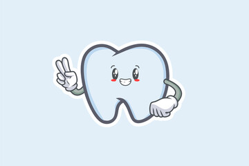 SMILING, HAPPY, GRIN SMILE Face Emotion. Peace Hand Gesture. Tooth Cartoon Drawing Mascot Illustration.