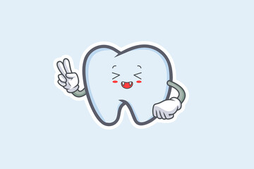 LAUGHING, HAPPY, FUN, CHEERFUL Face Emotion. Peace Hand Gesture. Tooth Cartoon Drawing Mascot Illustration.