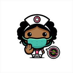 cute afro girl nurse character design wearing a mask against the virus