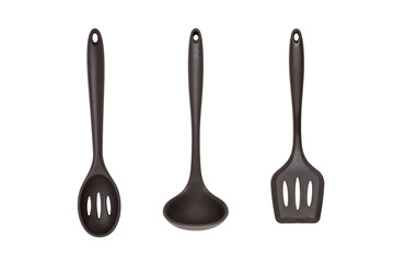 Set of silicone kitchen accessories of three items isolated on a white background.
