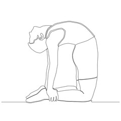 Continuous line of man doing Yoga in Camel pose. Stretching exercise vector.