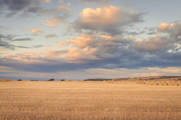 Australian Countryside landscape Hay Rolls in the farm field at sunset - Powered by Adobe