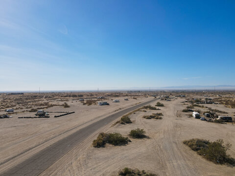 aerial view of Slab City, an unincorporated, off-the-grid squatter community consisting largely of snowbirds in the Salton Trough area of the Sonoran Desert, California, USA. January 16th, 2020