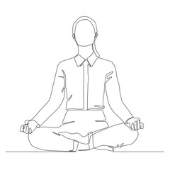 Continuous line of Business girl meditating in lotus pose. Yoga exercise vector.