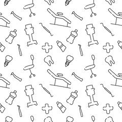 Dental care, Orthodontics Seamless Pattern with Line Icons. Dentist, Medical Equipment, Braces, Tooth Prosthesis, Floss, Caries Treatment, Toothpaste.