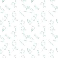 Dental care, Orthodontics Seamless Pattern with Line Icons. Dentist, Medical Equipment, Braces, Tooth Prosthesis, Floss, Caries Treatment, Toothpaste.