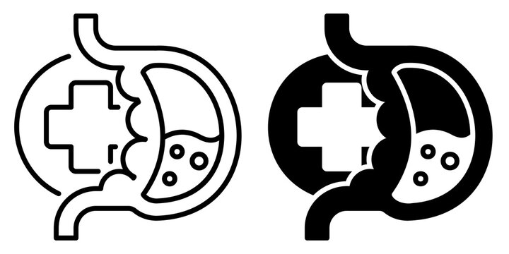 Outline and Glyph or Solid Icon stomach health in white background. Premium Vector EPS10