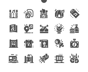 Music festival. Live performance. Party in park, camp. Food and drink. Festival access badge. Booklet with the schedule. Spotlight, star trailer and music scene. Vector Solid Icons. Simple Pictogram