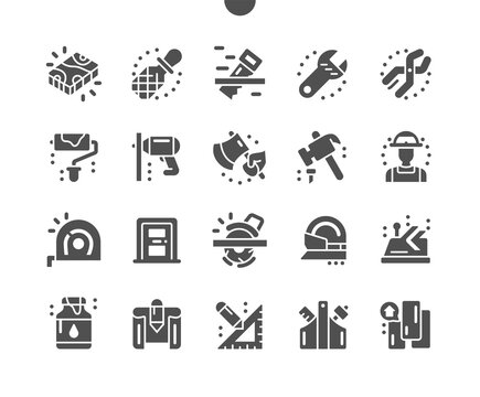 Carpenter. Wooden boards and instruments. Builder equipment store. Electric saw, drill, hammer, paint roller, tape measure and chisel. Vector Solid Icons. Simple Pictogram