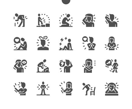 People in pain. Emotional and physical pain. Sadness, confused thoughts and cry. Backache, heart pain, headache, earache, bone fracture. Vector Solid Icons. Simple Pictogram