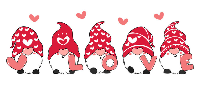 Valentine Gnome with LOVE letter, red valentine gnome cartoon vector doodle
