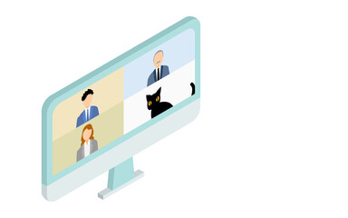 オンラインミーティングにネコが紛れ込んだイラスト、アイソメトリック