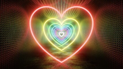 Neon Rainbow Love Heart Shape Shiny Reflections in Metal Tunnel Glows - Abstract Background Texture