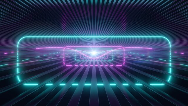 Pink Blue Neon Laser Beam Glows in Reflective Stripe Line Tunnel Room - Abstract Background Texture
