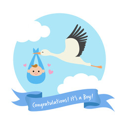 男の子の赤ちゃんを運ぶコウノトリ