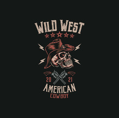 Fototapeta premium Cowboy skull t shirt graphic design , hand drawn line style with digital color, vector illustration