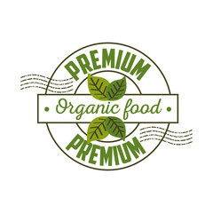 premium organic food, label with leaves in white background