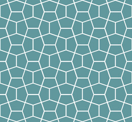 White outline overlapping pentagon tessellation repeat pattern on a blue-gray background, geometric vector illustration