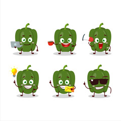 Green pepper cartoon character with various types of business emoticons