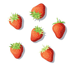 A set of strawberries. Berries scattered on the surface. Strawberries at different angles. Pattern on white background. Vector illustration EPS 10