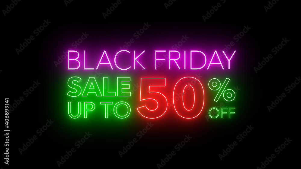 Wall mural Animate flashing of black Friday sale up to percent off colorful neon blaze sign motion banner in black background for promote video. concept of promotion brand sale series 10-90%