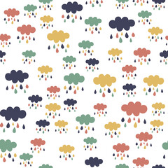 Vector seamless pattern with hand drawn cloud, drops on white background