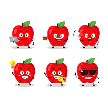 New red apple cartoon character with various types of business emoticons