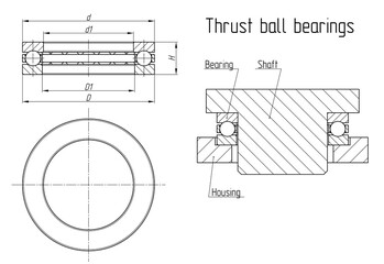 Thrust ball bearings. General drawing and assembly scheme. Vector technical sketch of mechanical engineering detail.