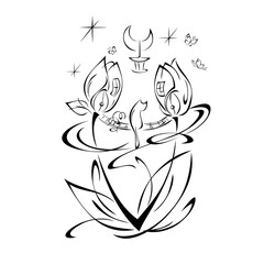 cartoon 10. a small kitten sits on a bridge between two stylized flower buds under the night sky. fairytale story