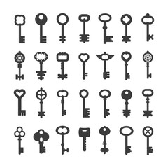 Black flat style icon set of key. Retro signs
