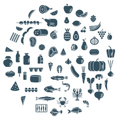 Various food icons. Stylish symbols of seafood, fruits, meat and vegetables. Vector graphics